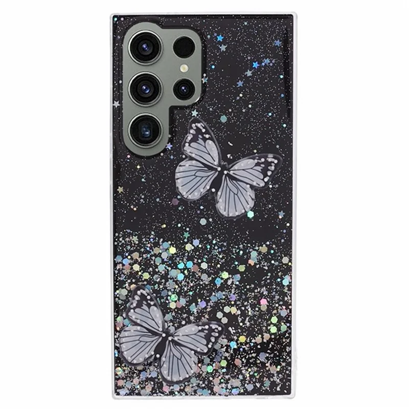 WANLONFENG AW Series for Samsung Galaxy S24 Ultra Case Butterfly TPU Epoxy Phone Cover with Screen Protector - Black