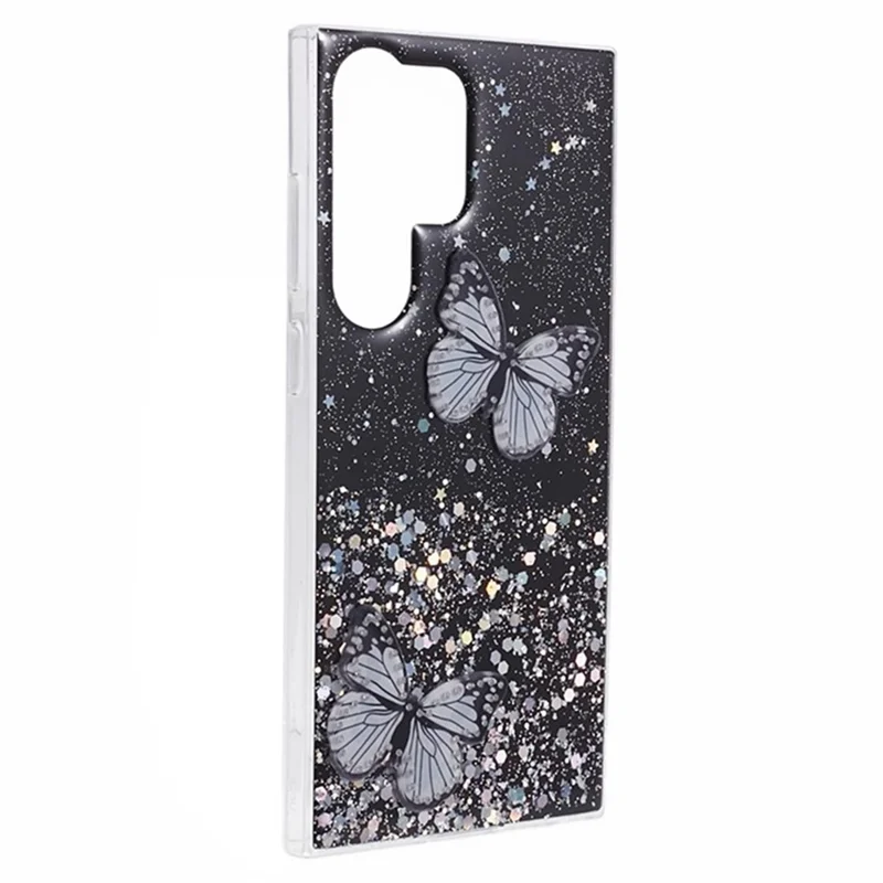 WANLONFENG AW Series for Samsung Galaxy S24 Ultra Case Butterfly TPU Epoxy Phone Cover with Screen Protector - Black