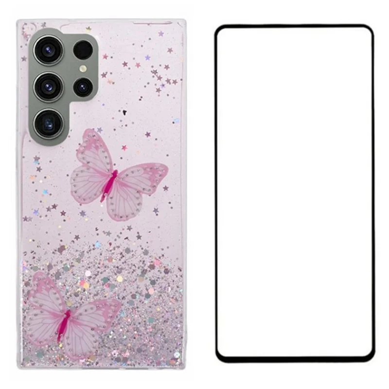 WANLONFENG AW Series for Samsung Galaxy S24 Ultra Case Butterfly TPU Epoxy Phone Cover with Screen Protector - Pink