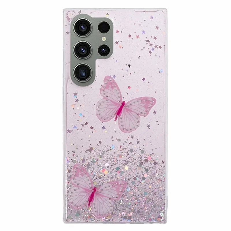 WANLONFENG AW Series for Samsung Galaxy S24 Ultra Case Butterfly TPU Epoxy Phone Cover with Screen Protector - Pink