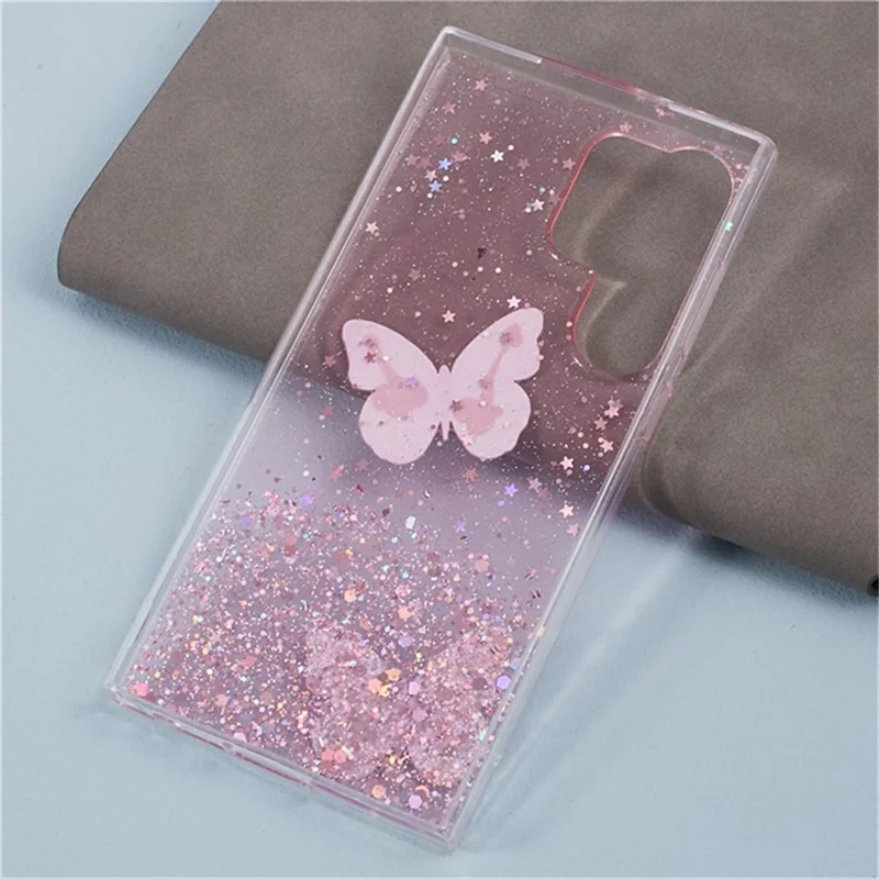 WANLONFENG AW Series for Samsung Galaxy S24 Ultra Case Butterfly TPU Epoxy Phone Cover with Screen Protector - Pink