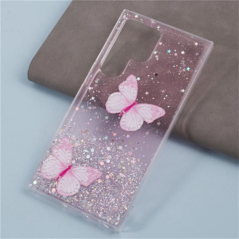 WANLONFENG AW Series for Samsung Galaxy S24 Ultra Case Butterfly TPU Epoxy Phone Cover with Screen Protector - Pink