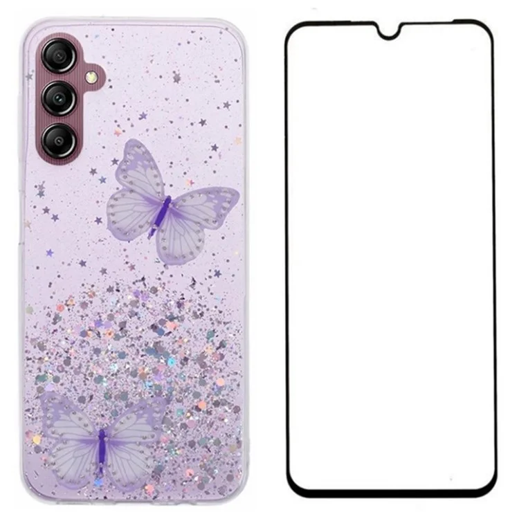 WANLONFENG Série AW pour Samsung Galaxy A34 5G Coque Epoxy TPU Paillettes Couvercle de Téléphone avec Protecteur d'Écran - Violet