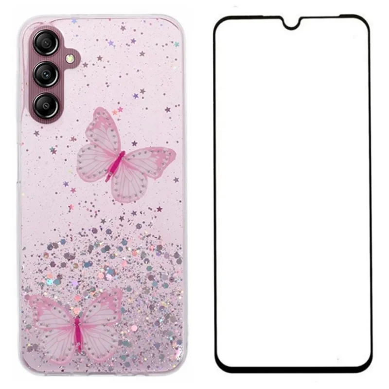 WANLONFENG AW Series for Samsung Galaxy A34 5G Epoxy Case TPU Glitter Phone Cover with Screen Protector - Pink