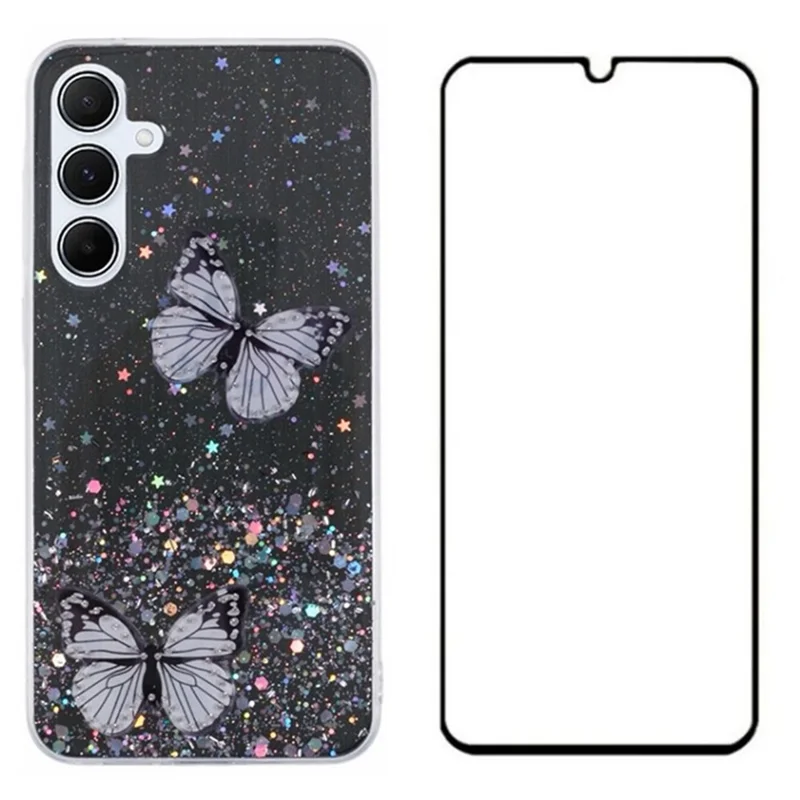WANLONFENG AW Series for Samsung Galaxy A05s 4G TPU Case Epoxy 3D Butterfly Phone Cover with Screen Protector - Black