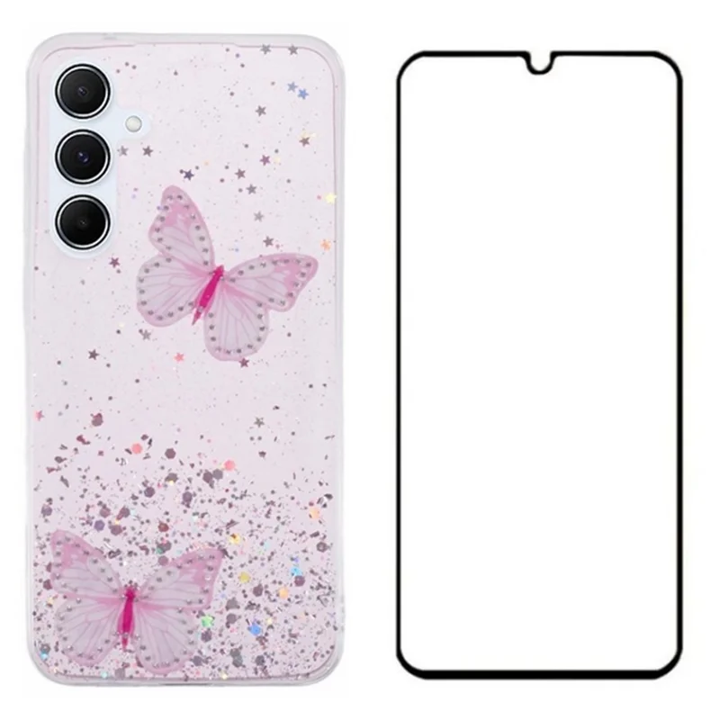 WANLONFENG AW Series for Samsung Galaxy A05s 4G TPU Case Epoxy 3D Butterfly Phone Cover with Screen Protector - Pink