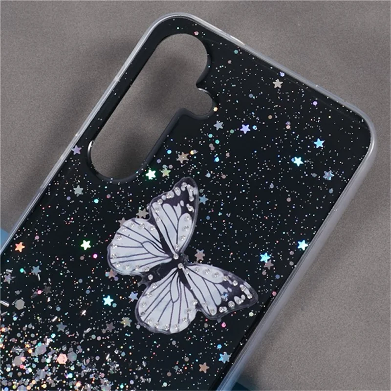 WANLONFENG AW Series for Samsung Galaxy A15 4G / 5G Case 3D Butterfly TPU Glitter Phone Cover with Screen Protector - Black