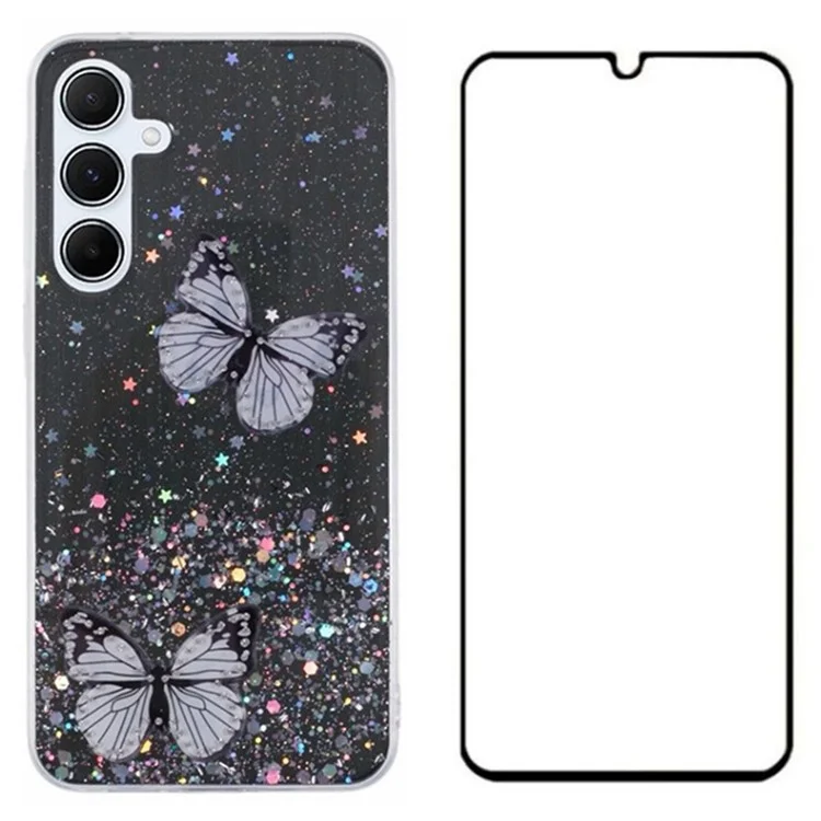 WANLONFENG AW-Serie für Samsung Galaxy A55 5G-Hülle mit Bildschirmschutz 2-in-1 TPU-Handyhülle Ästhetischer Schmetterling - Schwarz
