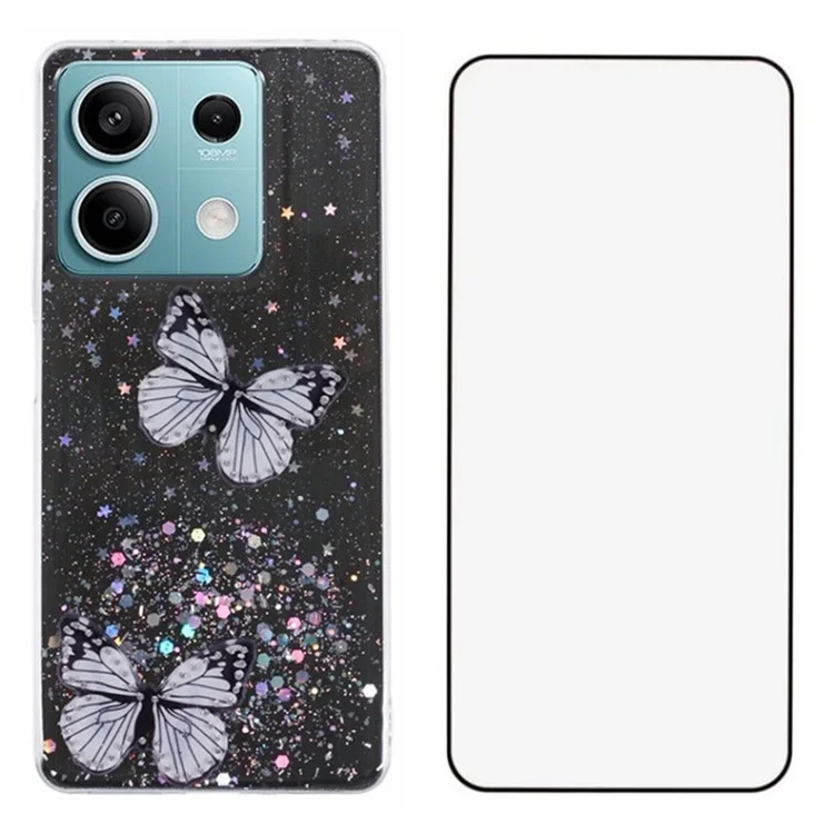 WANLONFENG Serie AW para Xiaomi Redmi Note 13 5G Funda Mariposa Epoxy TPU Sparkle Cubierta de Teléfono con Película de Pantalla - Negro