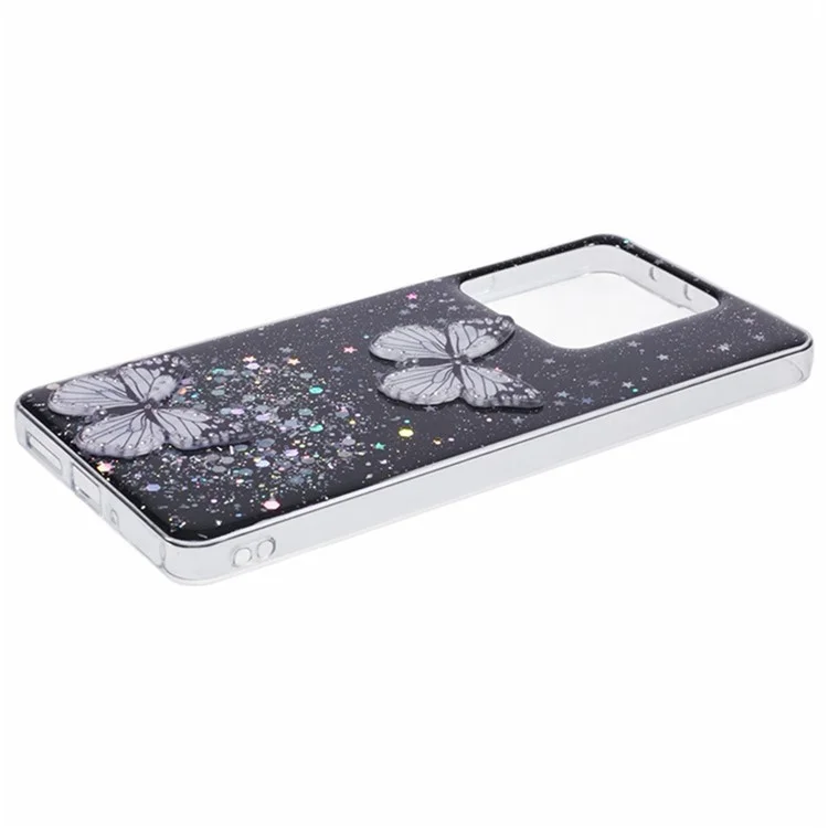 WANLONFENG Serie AW para Xiaomi Redmi Note 13 5G Funda Mariposa Epoxy TPU Sparkle Cubierta de Teléfono con Película de Pantalla - Negro
