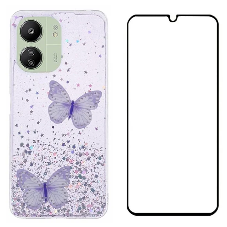 WANLONFENG Série AW pour Xiaomi Redmi 13R 5G / 13C 4G / 5G / Poco C65 4G / M6 5G Coque PVC Papillon TPU Pochette avec Film d'écran - Violet