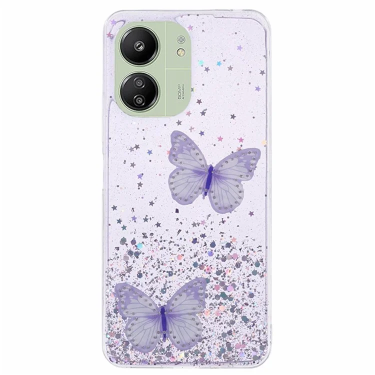 WANLONFENG Série AW pour Xiaomi Redmi 13R 5G / 13C 4G / 5G / Poco C65 4G / M6 5G Coque PVC Papillon TPU Pochette avec Film d'écran - Violet
