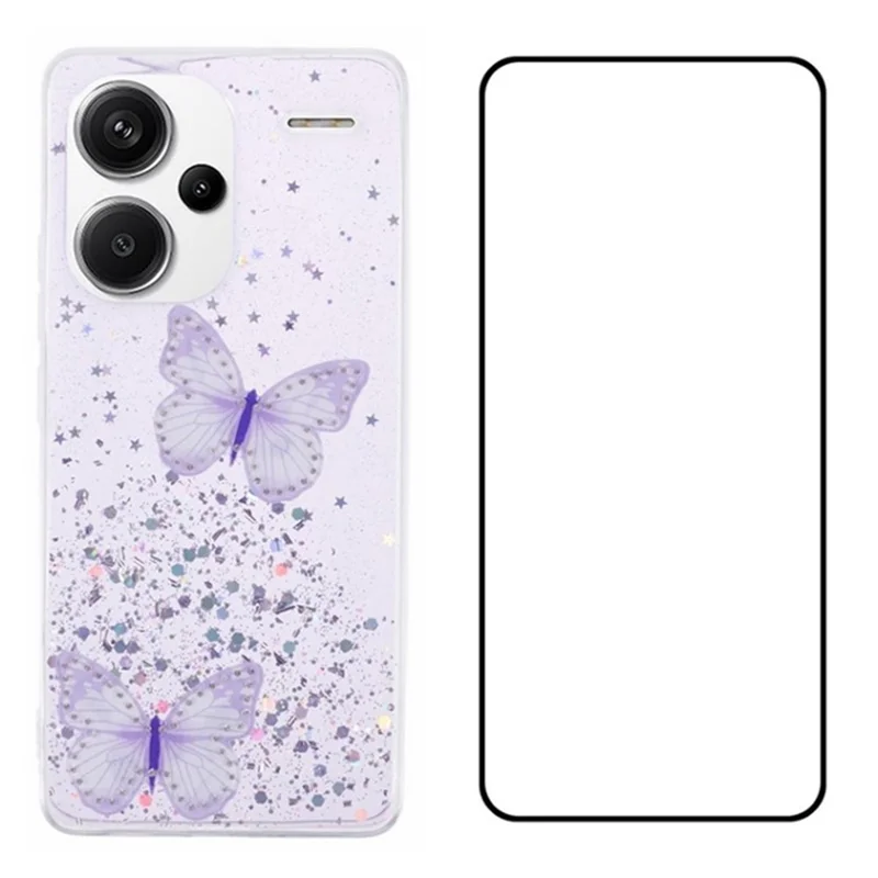 WANLONFENG AW Series for Xiaomi Redmi Note 13 Pro+ 5G Case TPU Phone Cover with Screen Film 3D Butterfly Bling - Purple