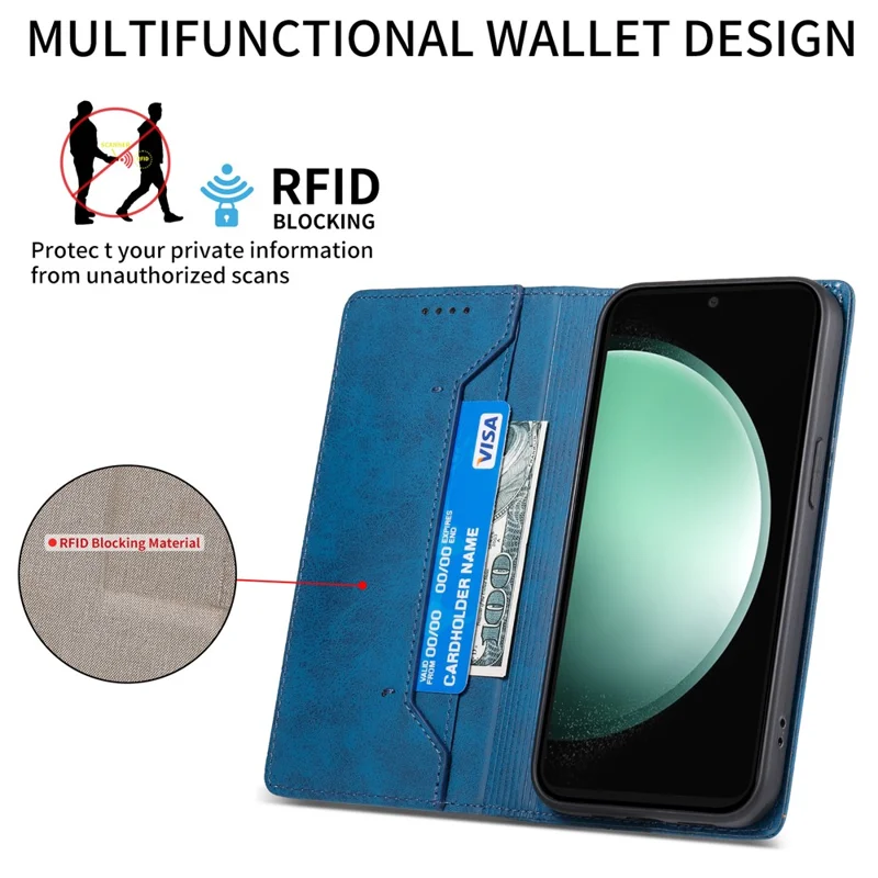 DF-05 For Samsung Galaxy S24 FE Case RFID Blocking PU Leather Phone Cover - Blue