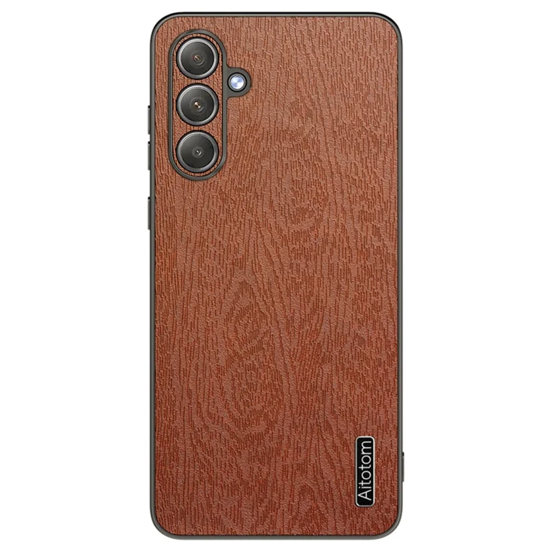For Samsung Galaxy S24 FE Case Wood Grain PU Leather Coated PC+TPU Phone Cover - Brown