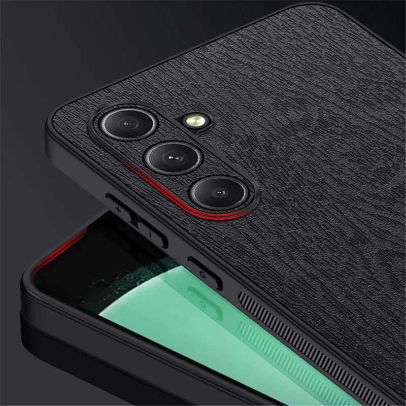For Samsung Galaxy S24 FE Case Wood Grain PU Leather Coated PC+TPU Phone Cover - Brown