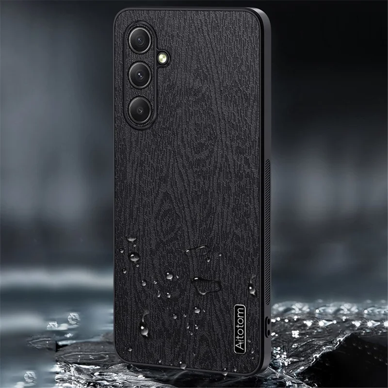 For Samsung Galaxy S24 FE Case Wood Grain PU Leather Coated PC+TPU Phone Cover - Brown