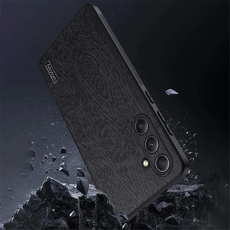 For Samsung Galaxy S24 FE Case Wood Grain PU Leather Coated PC+TPU Phone Cover - Brown