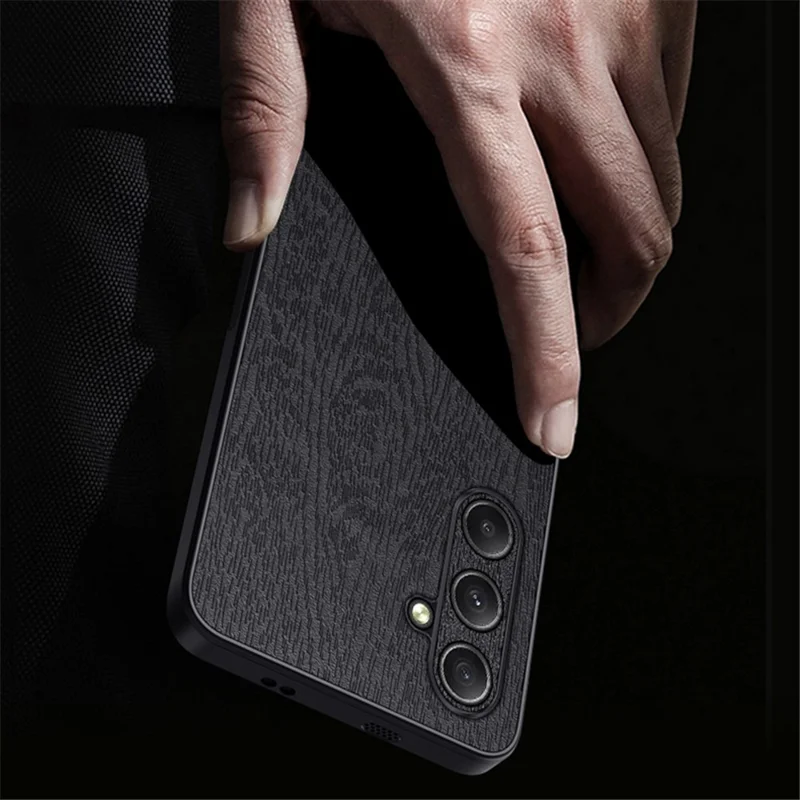 For Samsung Galaxy S24 FE Case Wood Grain PU Leather Coated PC+TPU Phone Cover - Brown