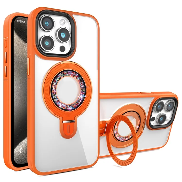 Чехол с подставкой для iPhone 15 Pro с магнитным креплением, PC+TPU, с декором из страз - Оранжевый