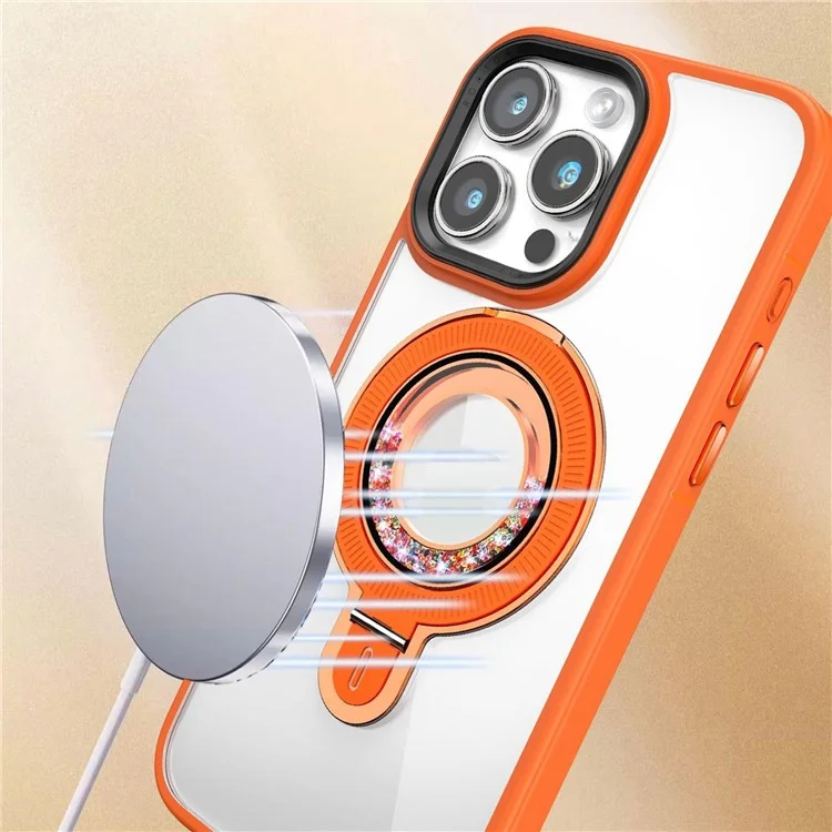 Чехол с подставкой для iPhone 15 Pro с магнитным креплением, PC+TPU, с декором из страз - Оранжевый
