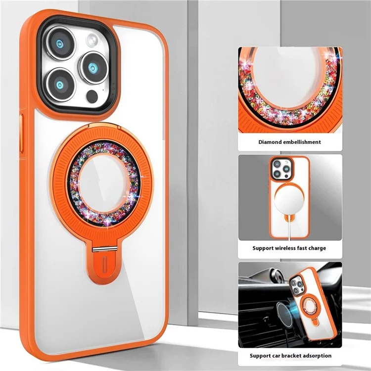 Чехол с подставкой для iPhone 15 Pro с магнитным креплением, PC+TPU, с декором из страз - Оранжевый