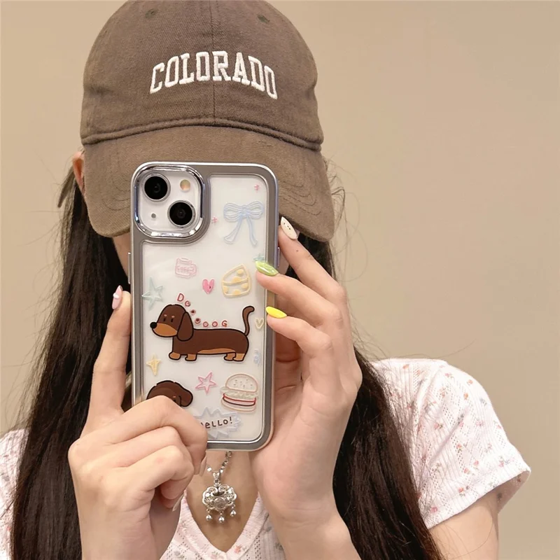 For iPhone 14 Case Pattern Design PC+TPU Phone Cover - Coffee Dachshund