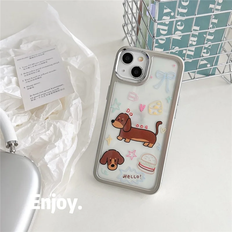 For iPhone 14 Case Pattern Design PC+TPU Phone Cover - Coffee Dachshund