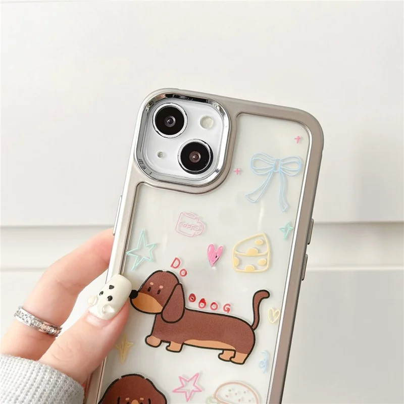 For iPhone 14 Case Pattern Design PC+TPU Phone Cover - Coffee Dachshund