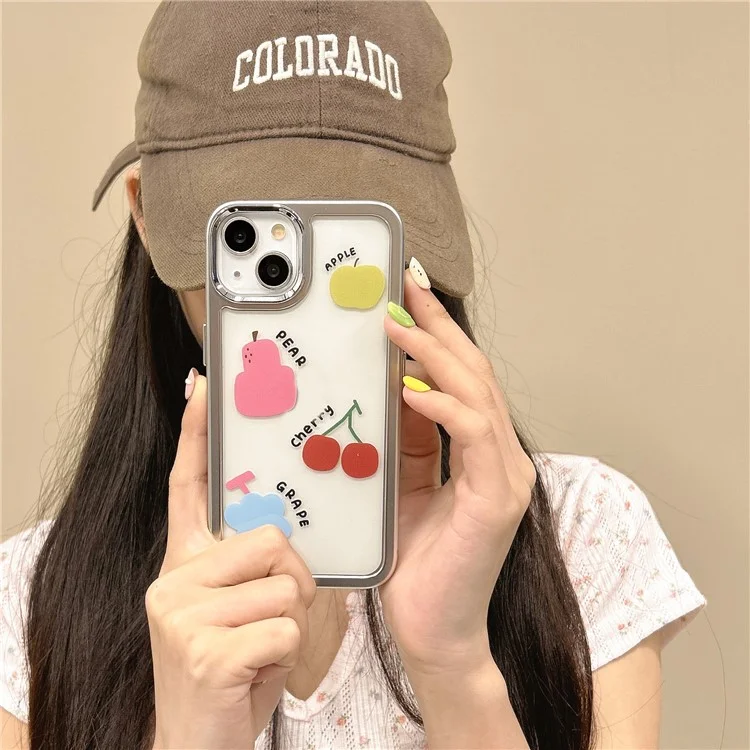 For iPhone 15 Case Silver Edge Pattern Design PC+TPU Phone Cover - Colorful Fruits
