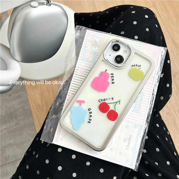 For iPhone 15 Case Silver Edge Pattern Design PC+TPU Phone Cover - Colorful Fruits