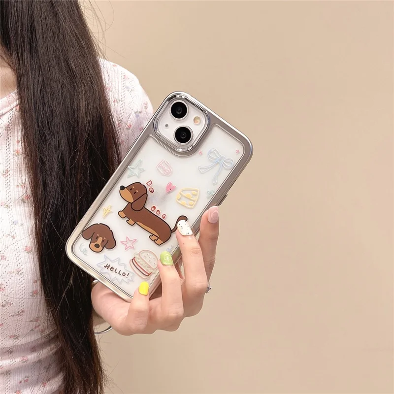 For iPhone 15 Case Silver Edge Pattern Design PC+TPU Phone Cover - Coffee Dachshund