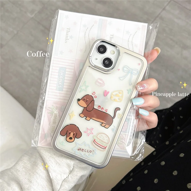 For iPhone 15 Case Silver Edge Pattern Design PC+TPU Phone Cover - Coffee Dachshund