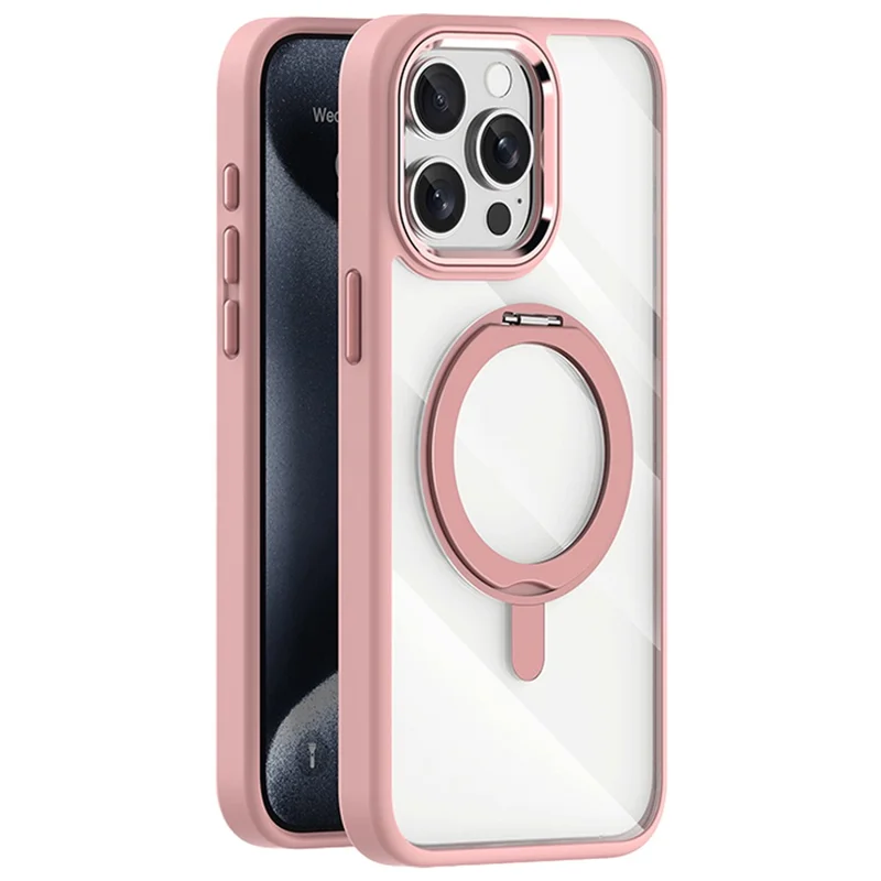 For iPhone 15 Pro Max Case TPU+Acrylic Clear Back Cover with Ring Holder Magnetic Kickstand - Pink
