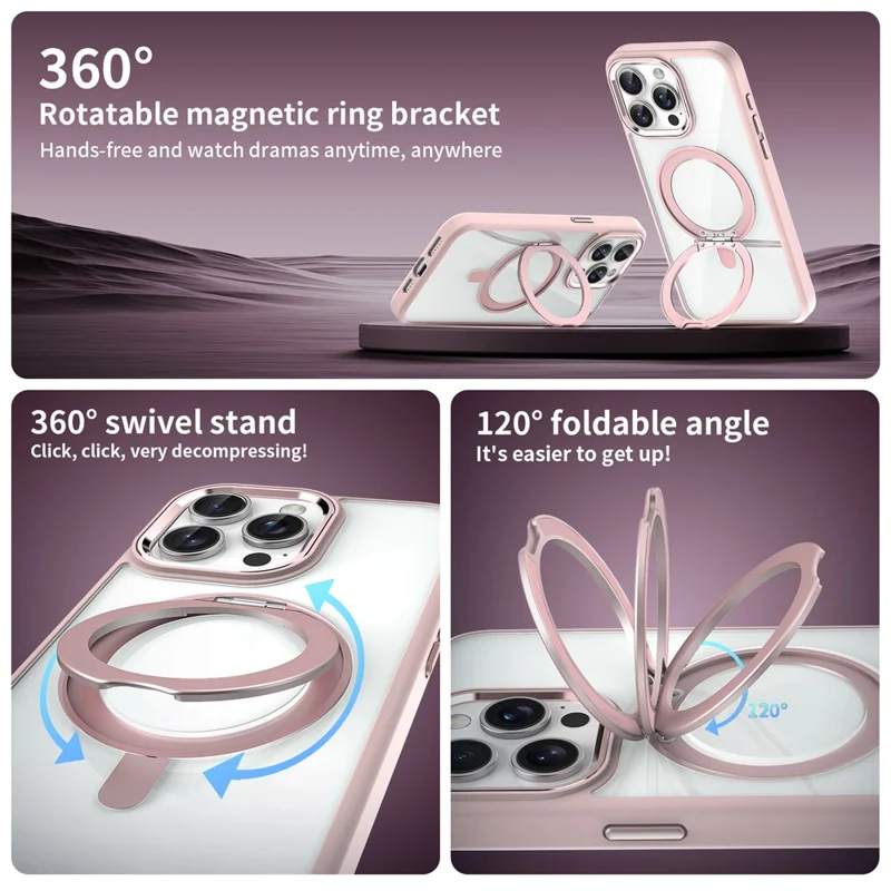 For iPhone 15 Pro Max Case TPU+Acrylic Clear Back Cover with Ring Holder Magnetic Kickstand - Pink
