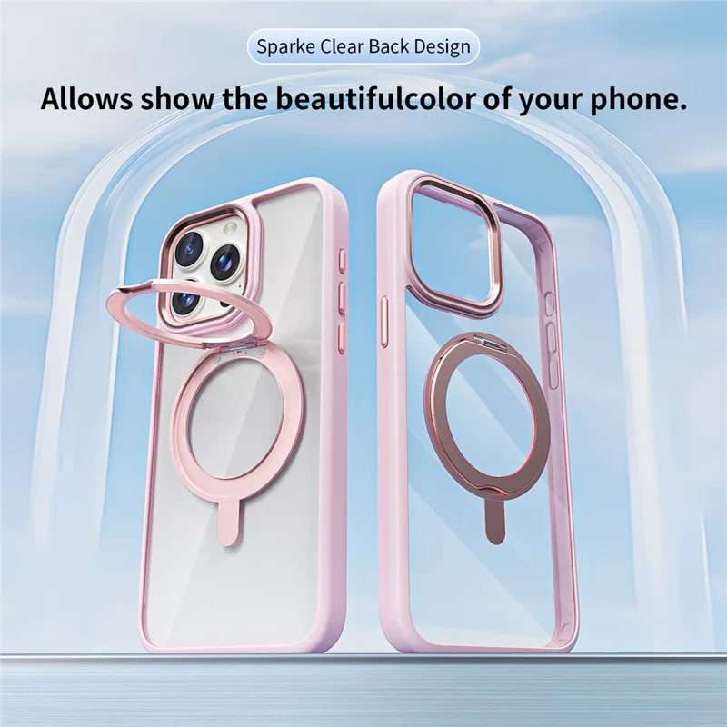 For iPhone 15 Pro Max Case TPU+Acrylic Clear Back Cover with Ring Holder Magnetic Kickstand - Pink