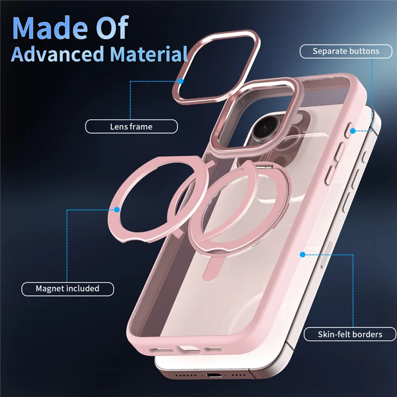 For iPhone 15 Pro Max Case TPU+Acrylic Clear Back Cover with Ring Holder Magnetic Kickstand - Pink