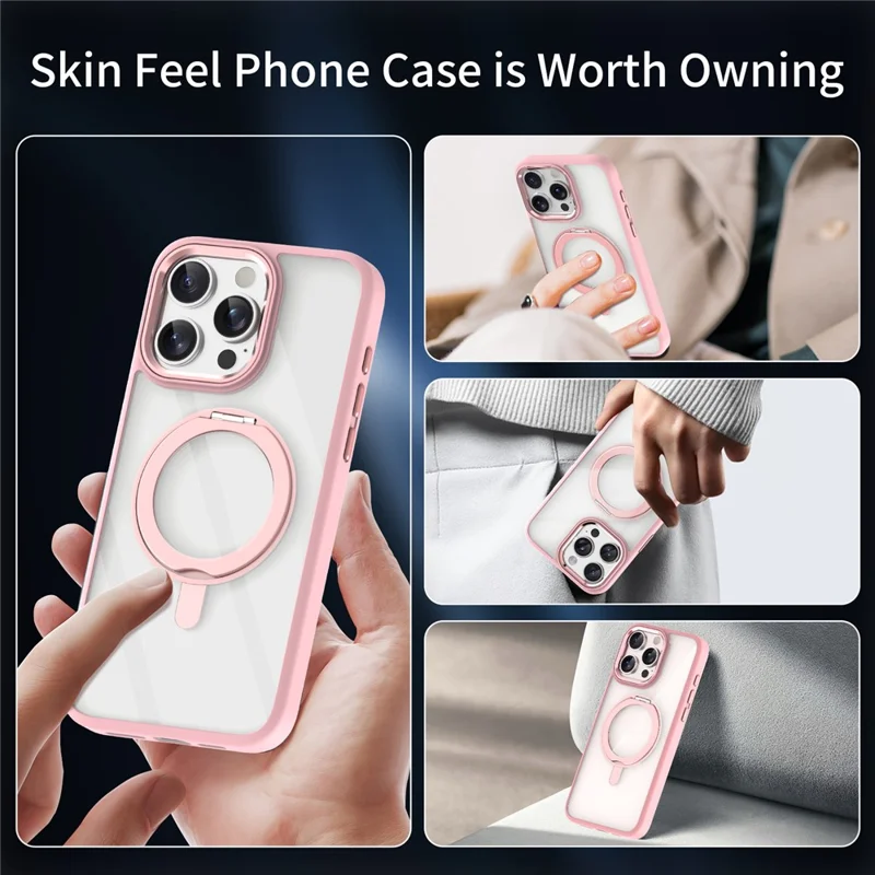 For iPhone 15 Pro Max Case TPU+Acrylic Clear Back Cover with Ring Holder Magnetic Kickstand - Pink