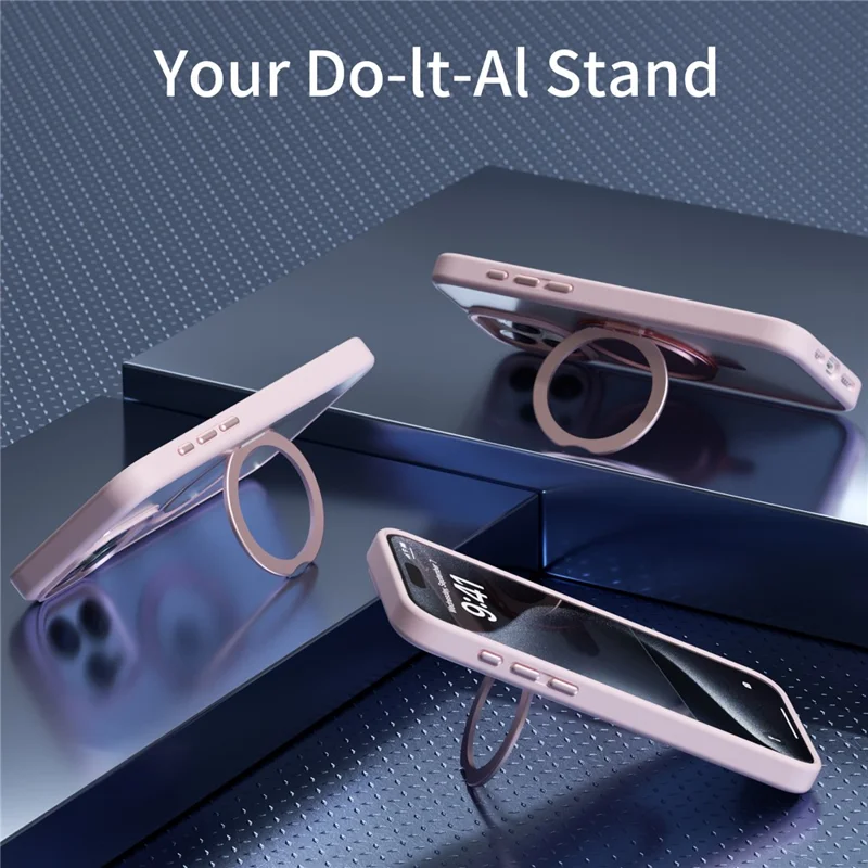 For iPhone 15 Pro Max Case TPU+Acrylic Clear Back Cover with Ring Holder Magnetic Kickstand - Pink