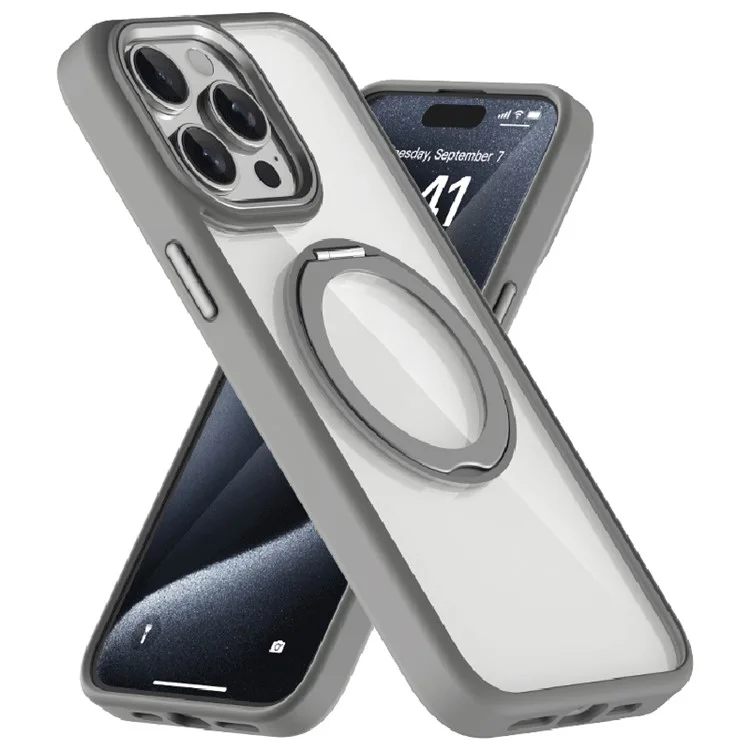 For iPhone 15 Pro Max Clear Case Magnetic Kickstand Acrylic+TPU Phone Cover Military Grade Protection - Grey