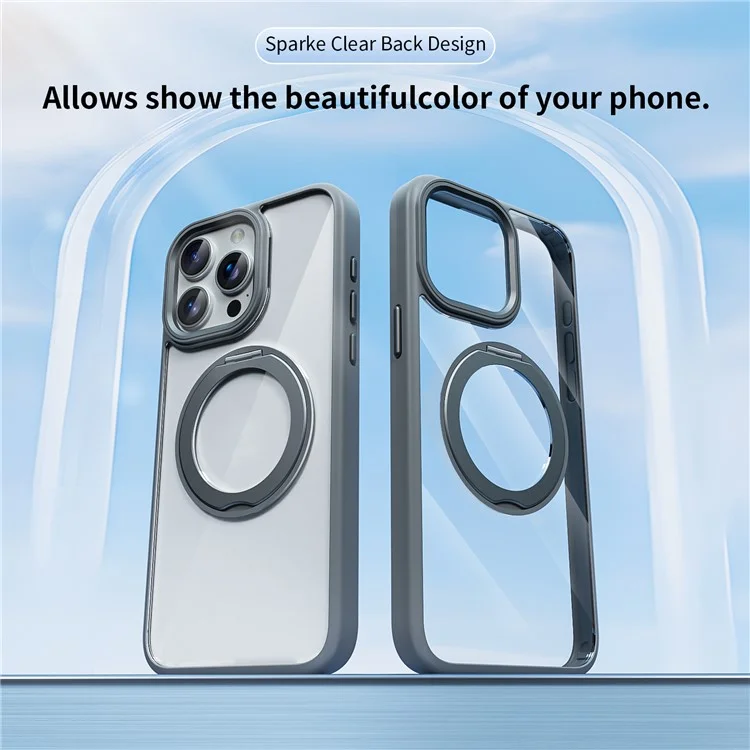 For iPhone 15 Pro Max Clear Case Magnetic Kickstand Acrylic+TPU Phone Cover Military Grade Protection - Grey