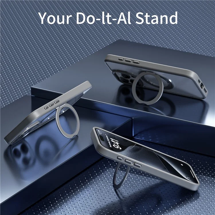 For iPhone 15 Pro Max Clear Case Magnetic Kickstand Acrylic+TPU Phone Cover Military Grade Protection - Grey