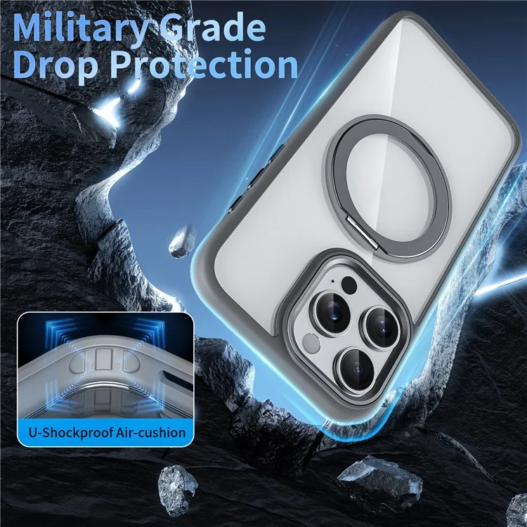 For iPhone 15 Pro Max Clear Case Magnetic Kickstand Acrylic+TPU Phone Cover Military Grade Protection - Grey