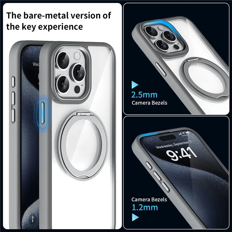 For iPhone 15 Pro Max Clear Case Magnetic Kickstand Acrylic+TPU Phone Cover Military Grade Protection - Grey