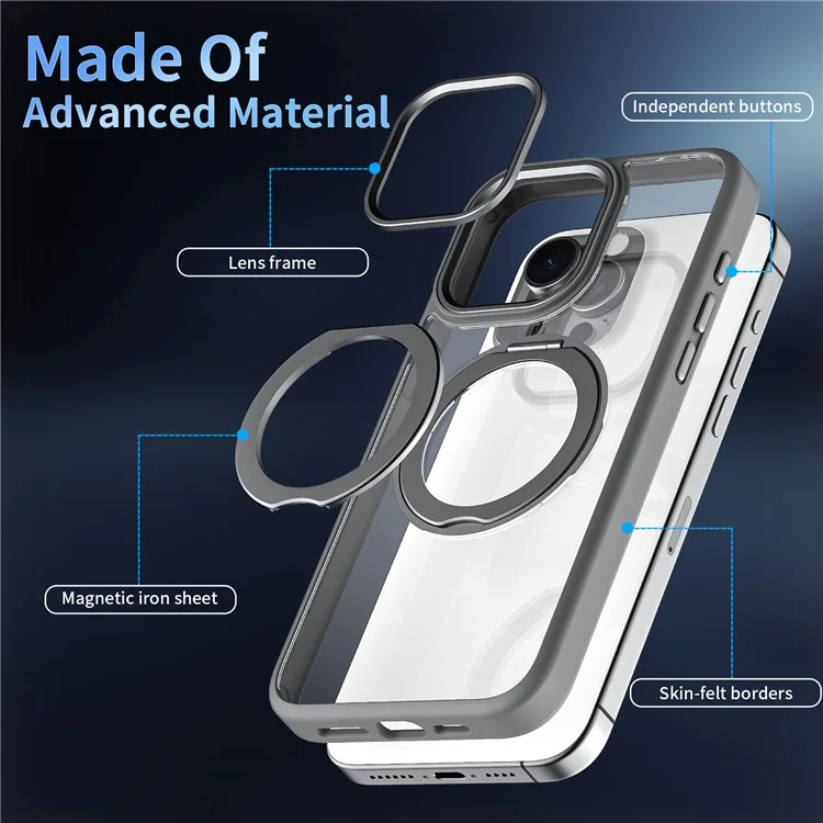 For iPhone 15 Pro Max Clear Case Magnetic Kickstand Acrylic+TPU Phone Cover Military Grade Protection - Grey