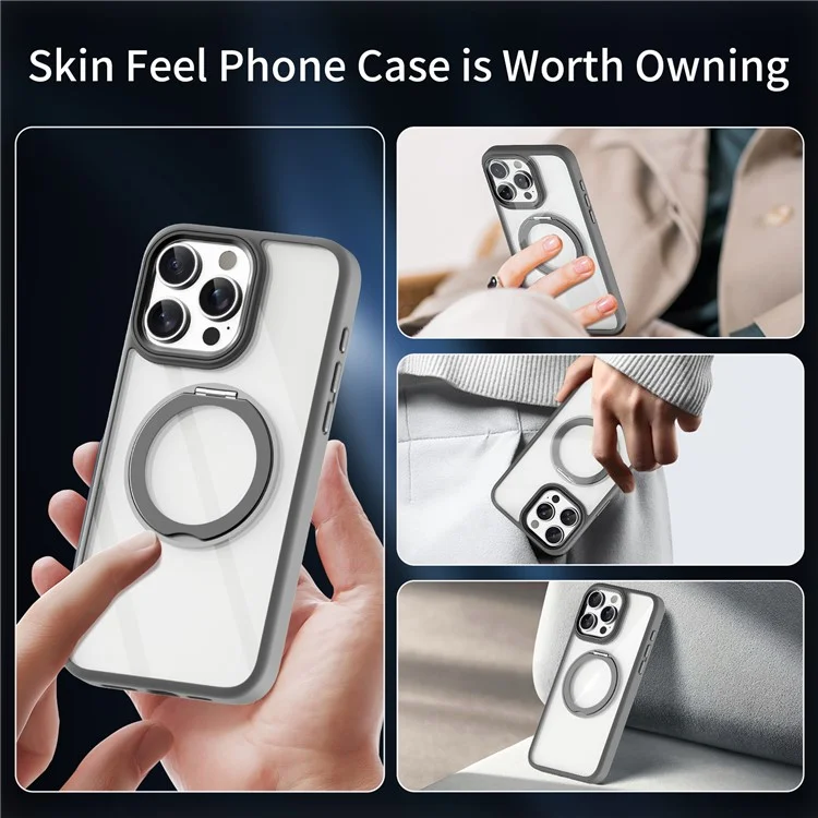 For iPhone 15 Pro Max Clear Case Magnetic Kickstand Acrylic+TPU Phone Cover Military Grade Protection - Grey