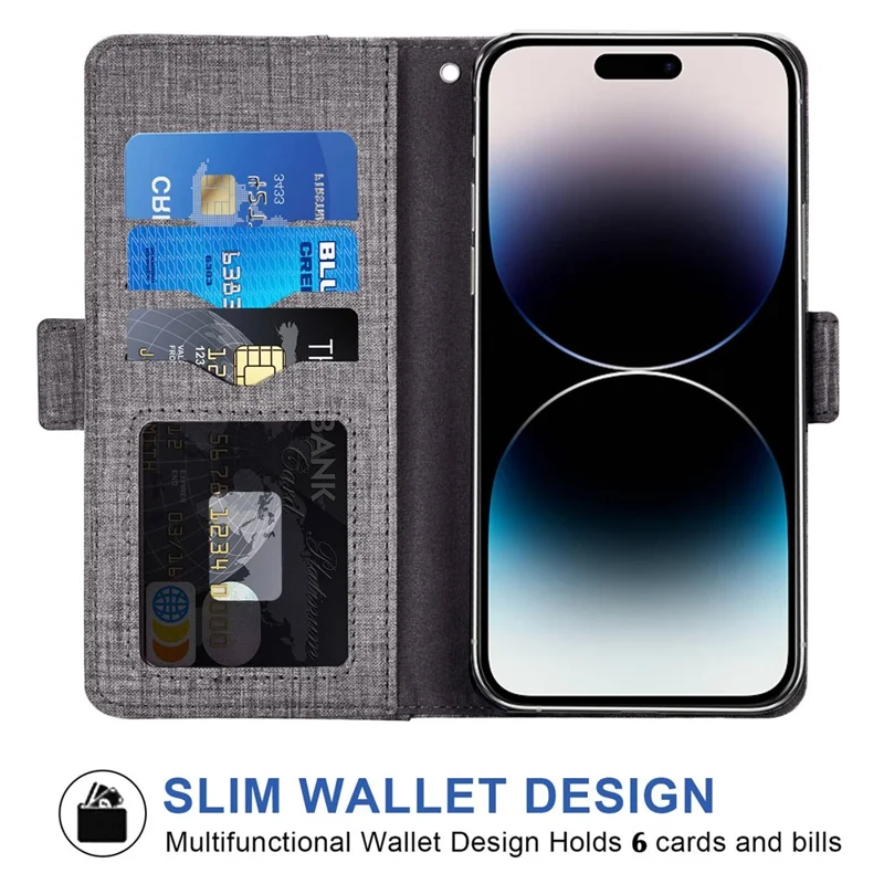 For iPhone 14 Pro Cell Phone Case Jeans Cloth Texture PU Leather Wallet Stand Cover with Rotating Card Slot - Grey