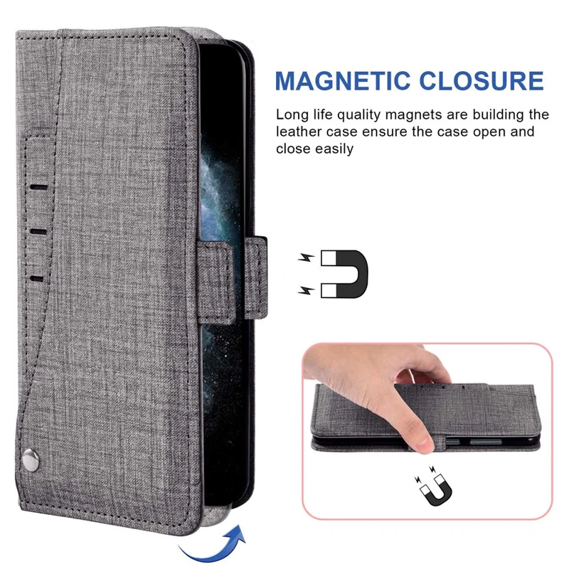 For iPhone 14 Pro Cell Phone Case Jeans Cloth Texture PU Leather Wallet Stand Cover with Rotating Card Slot - Grey
