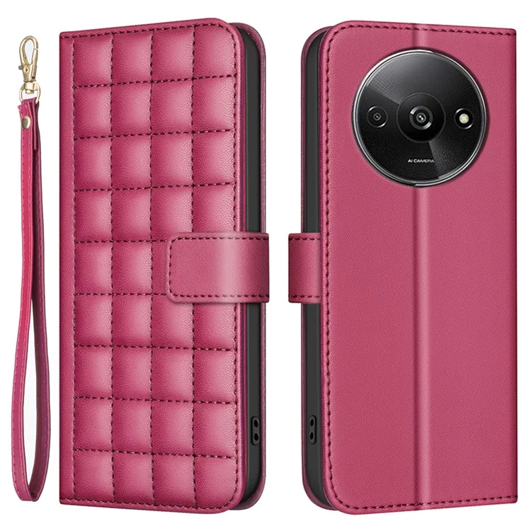 BINFEN COLOR for Xiaomi Poco C61 4G / Redmi A3 4G Case Square Grid Leather Phone Cover - Red