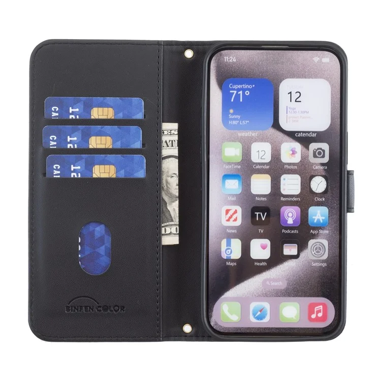 BINFEN COLOR BF34 для iPhone 15 Pro Кожаный чехол с квадратной сеткой Чехол для мобильного телефона - Черный